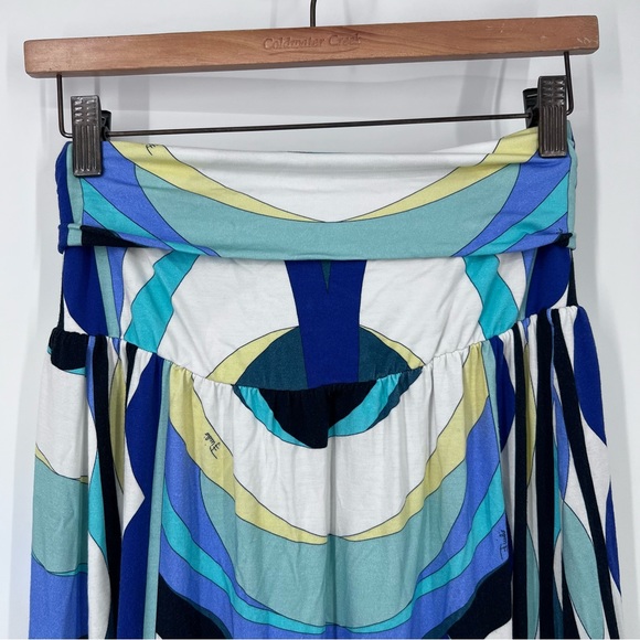 Emilio Pucci Blue Yellow Abstract Fold Over Twist Waist Stretch Maxi Skirt - Picture 8 of 11